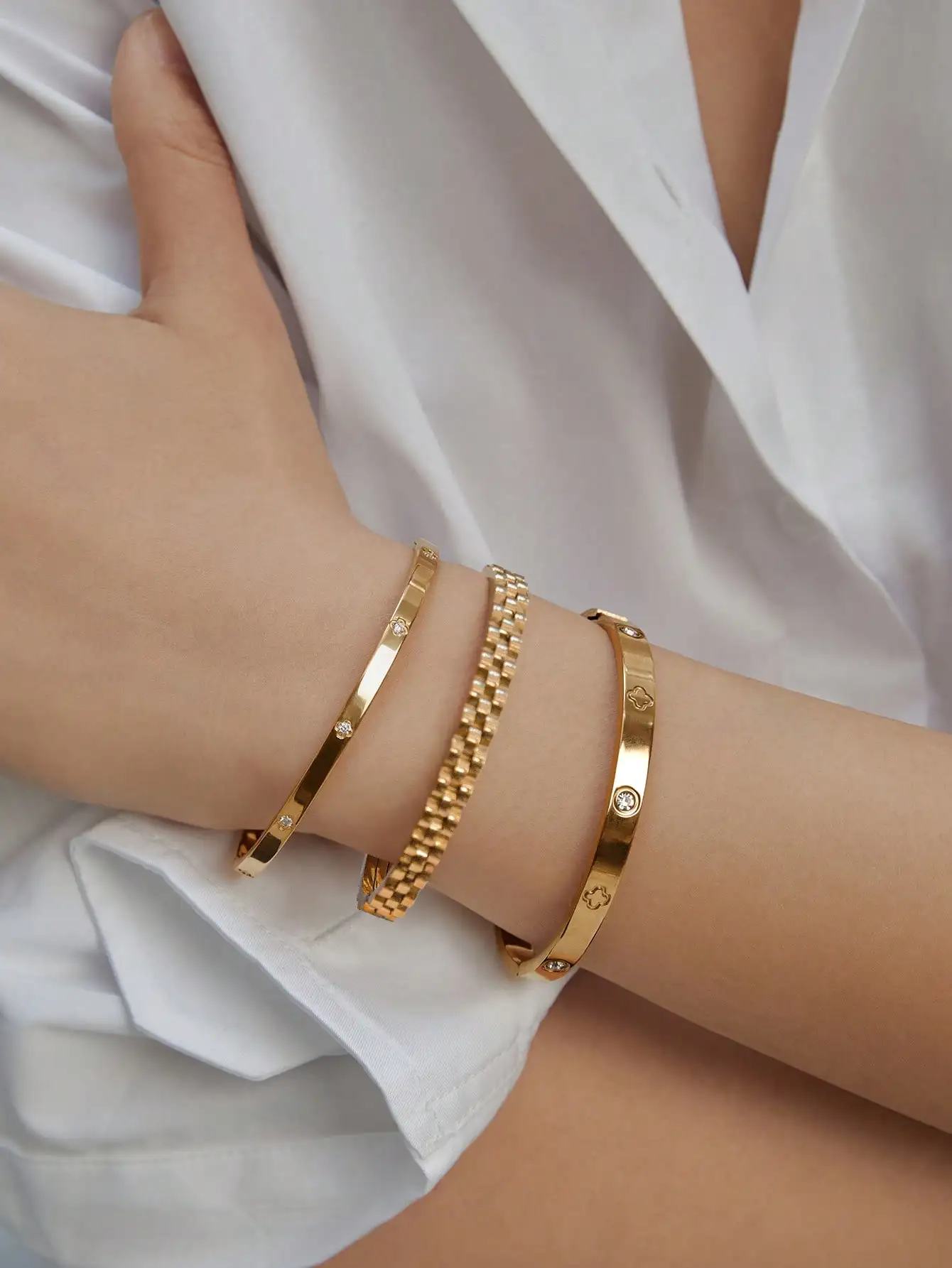 18K Gold Plated Stainless Steel Stackable Bracelet With Chain And Clover Design, Fashion Style For Women