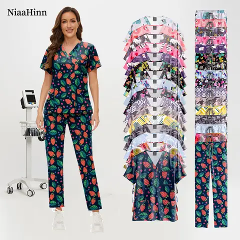 Printed Pet Grooming Doctor Workwear Set Nurse Medical Uniform Operating Room Surgical Work Clothes Short Sleeve Elastic Vet Set