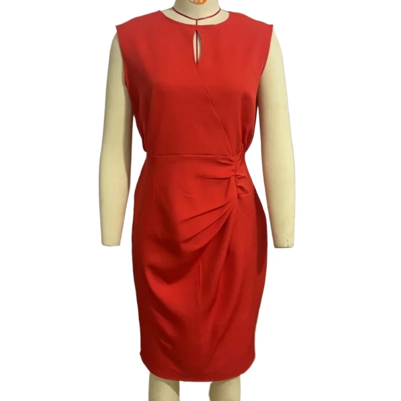 Amazon European and American Clothing Independent Station Retro Temperament Cross Solid Color Knotted Crew Neck Openwork Dress
