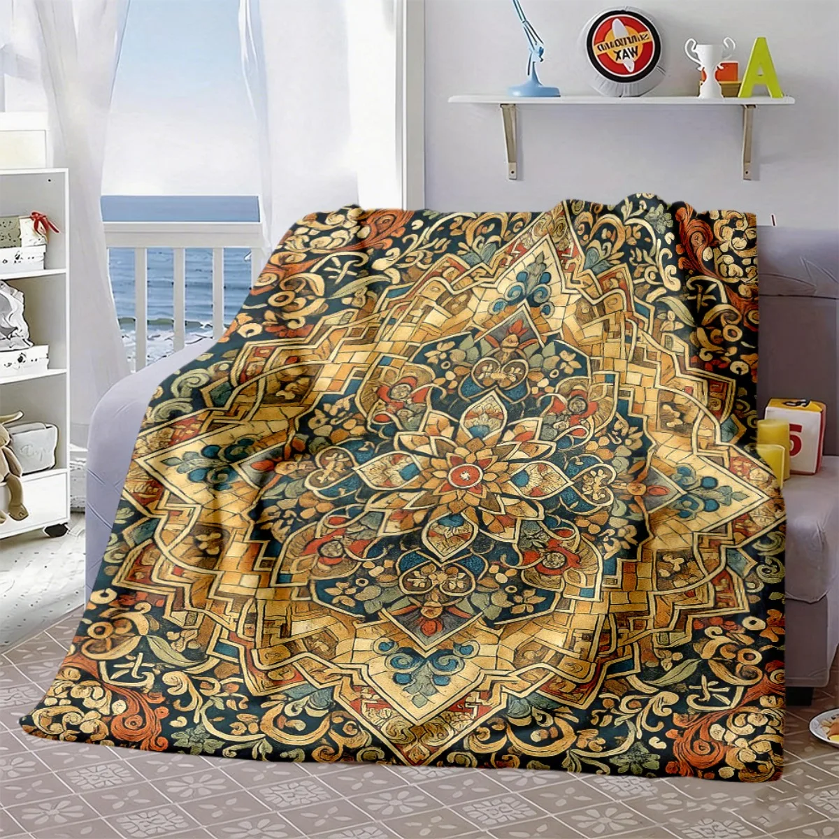 Retro Mosaic Art Flannel Throw Blanket Mandala Floral Pattern Soft Warm Blanket for Couch Bed Home Decor Gift Ideas Now