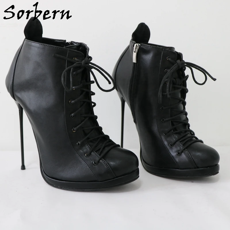 Sorbern Black Matt Ankle Boots For Sissy Boy Unisex 16Cm Steel High Heel Stilettos Cute Round Toe Short Booties Custom Color