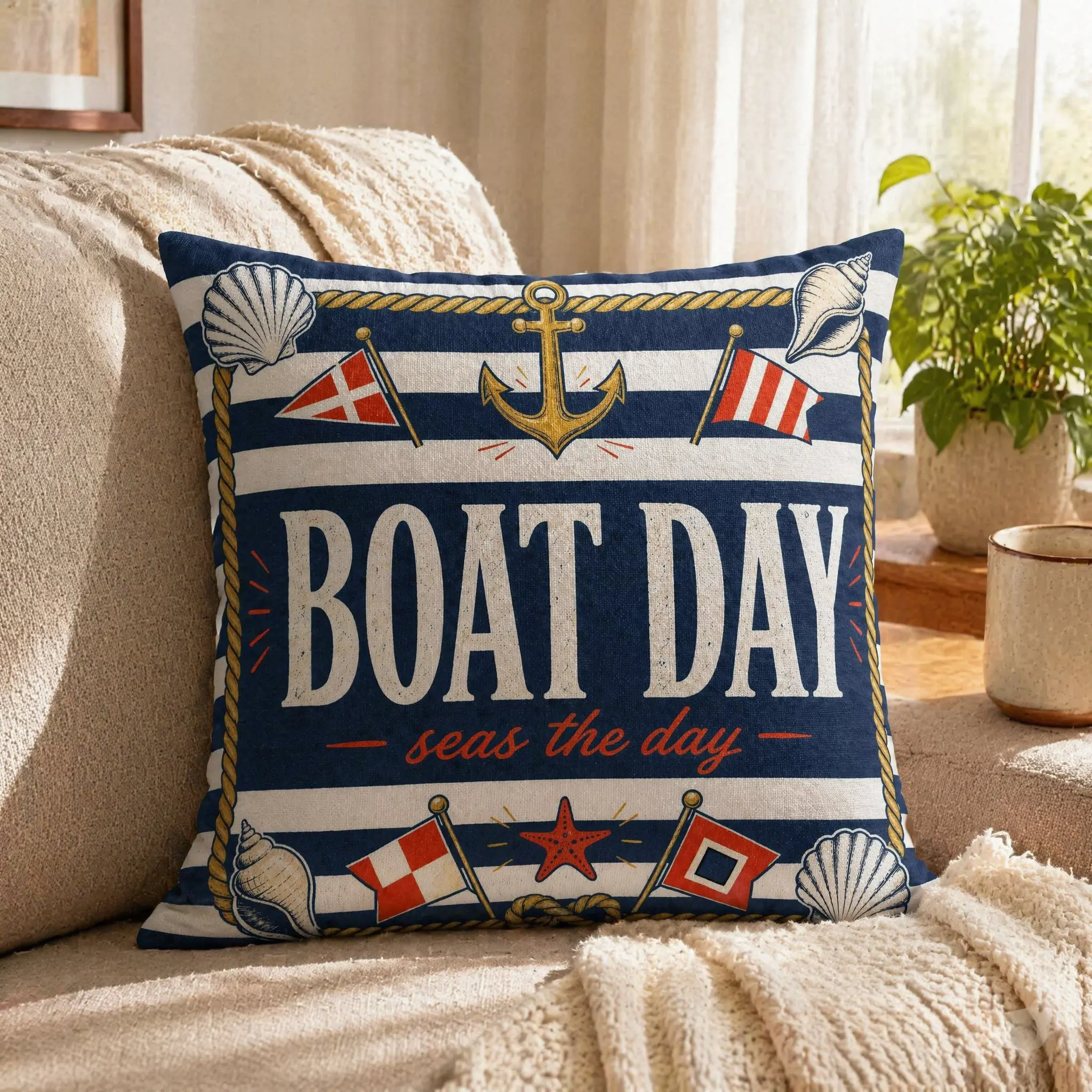 Nautical Boat Day Pillow Cover, Suitable For Sofa Bedroom Decoration, Unique Holiday Gift