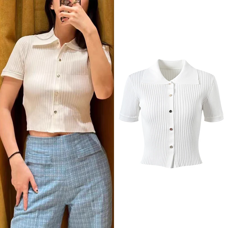 

High-End Version European Sle Women's Knitted Top White Slim Fit Collared Base Layer irt ort Sve Spring 2024