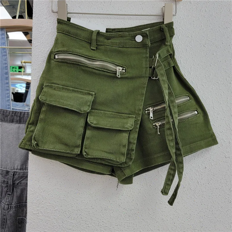 Denim Skirt Women Jeans Culottes Cargo Shorts Irregular Washed High Waist Multiple Y2k Punk Streetwear Short Pants Summer 2025