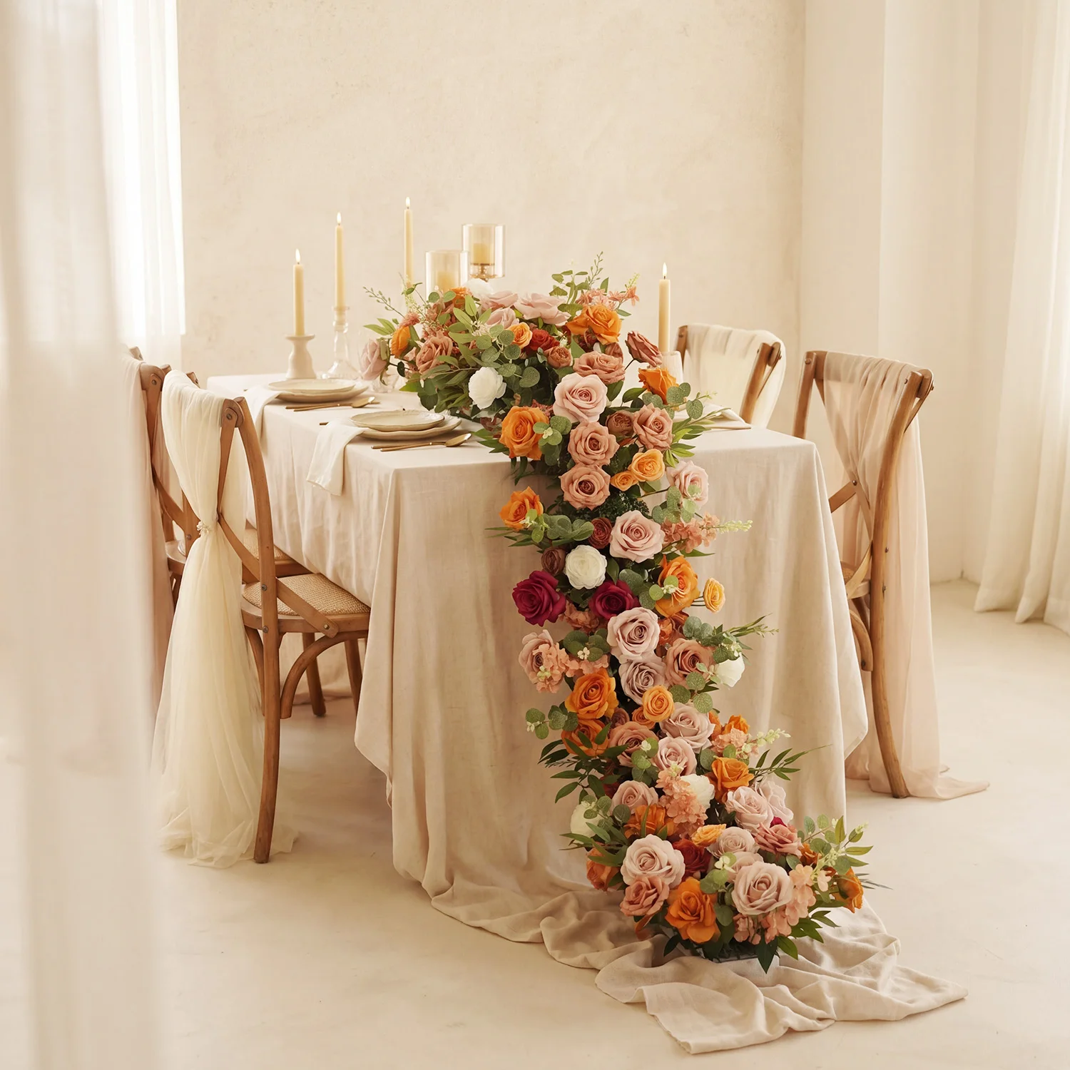 

Uflower 200cm Rose Artificial Flower Row Runner Party Floral Table Centerpiece Backdrop Wall Arch Romantic Wedding Decor