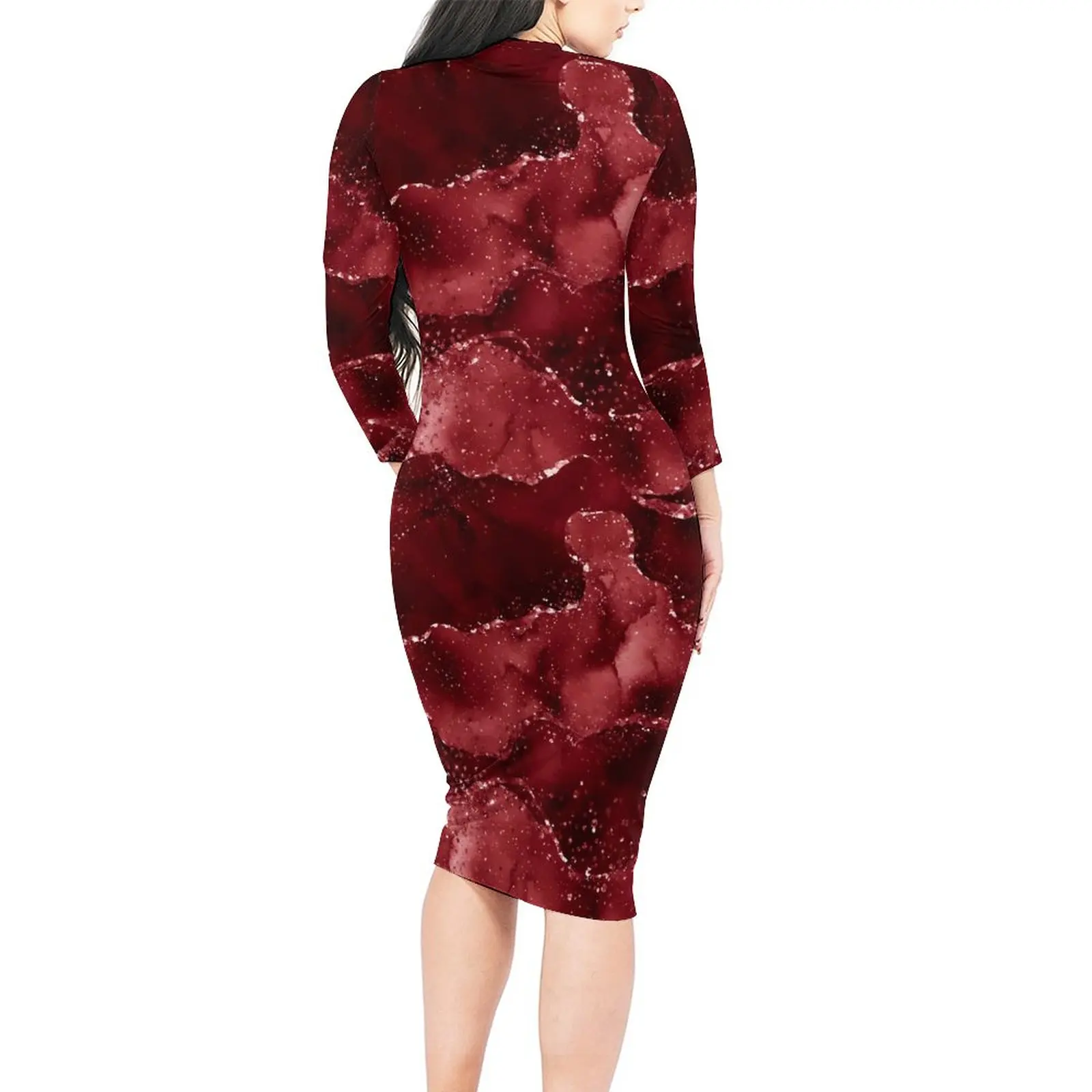 Marble Print Dress Long Sleeve Red Gold Liquid Sexy Dresses Autumn Women Aesthetic Graphic Bodycon Dress Big Size