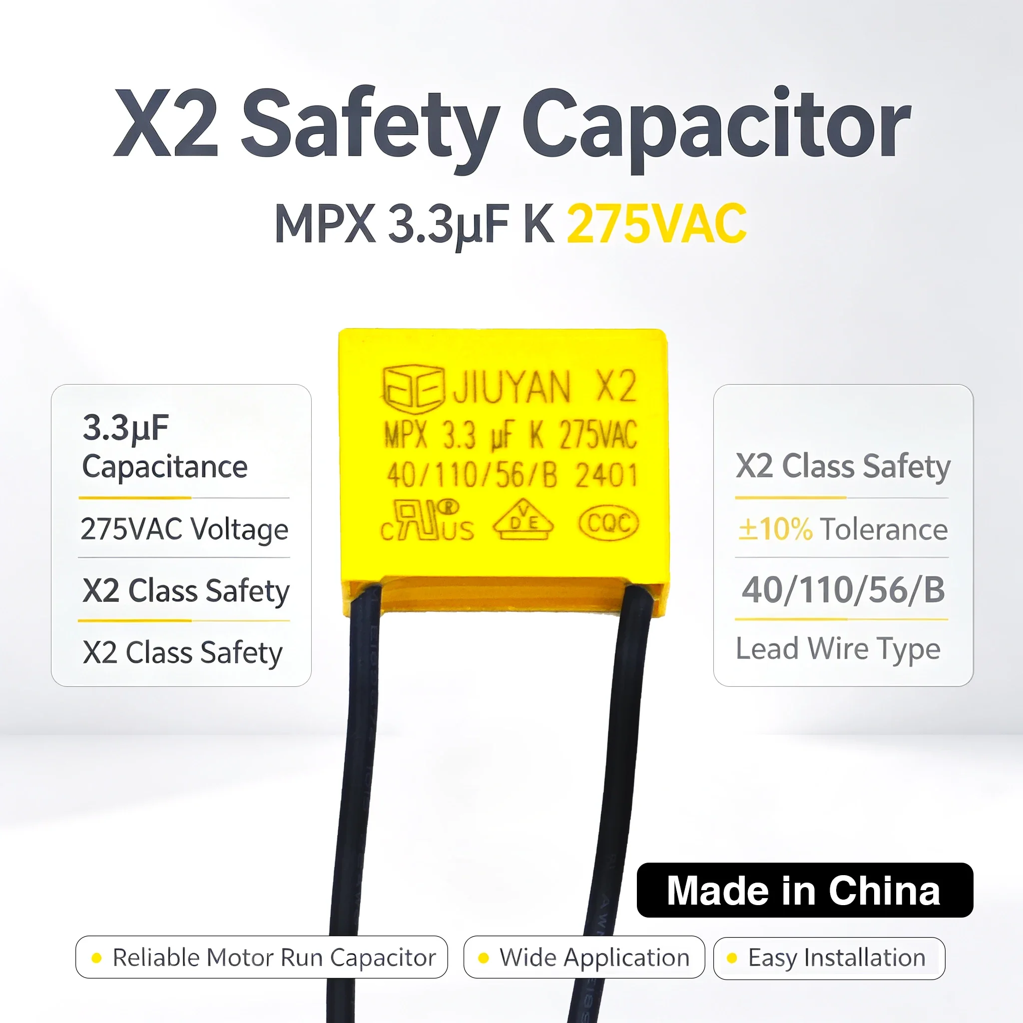 Capacitor de Filme de Polipropileno 3.3uF 275VAC, Grau de Segurança X2, para Interruptor de Cortina/Ventilador Touch Inteligente, Fio Neutro
