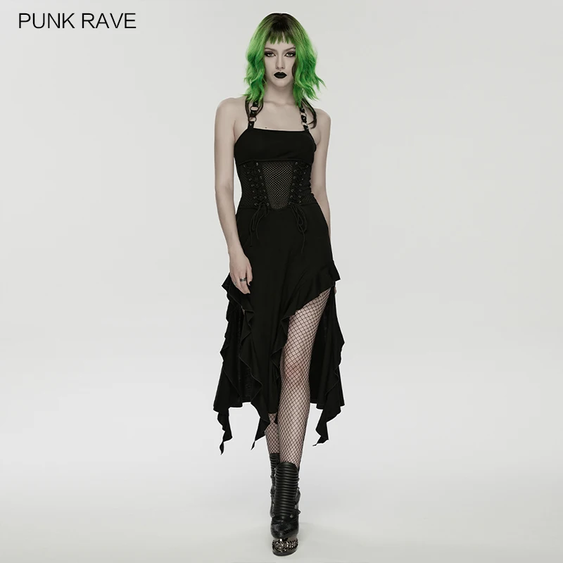 PUNK RAVE Women's Rock Punk Apocalypse 3D Bags Printed Woven Cracked Leather Mesh Skirt Personalized Sexy Dresses Streetwear