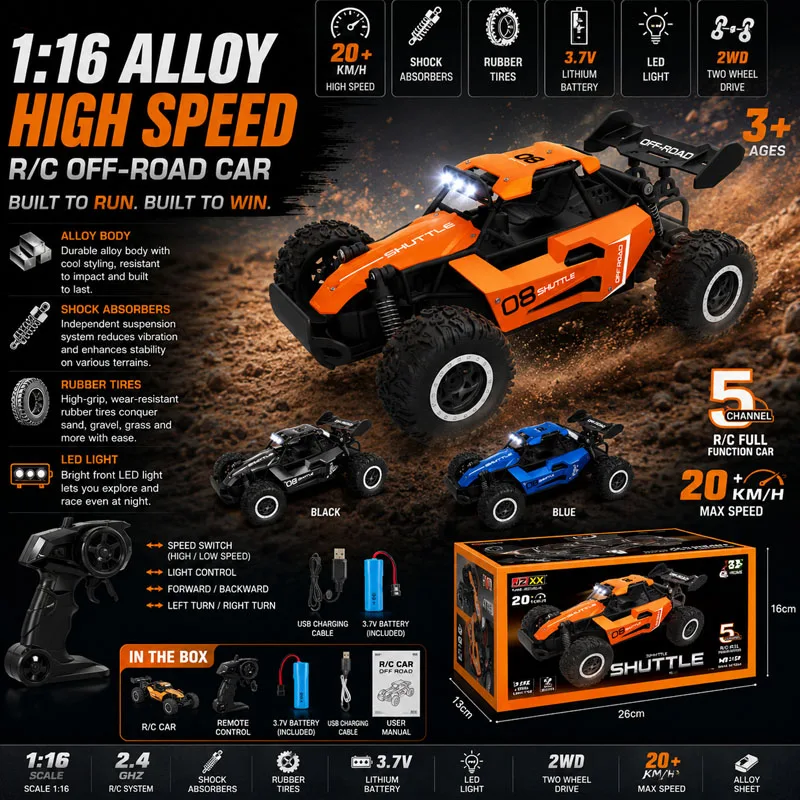 1:16 Scale Remote Control Monster Truck 2.4G High Speeds Off-Road RC Car with LED Lights for Adults Kids Durable Gift Ready for