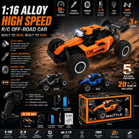 1:16 Scale Remote Control Monster Truck 2.4G High Speeds Off-Road RC Car with LED Lights for Adults Kids Durable Gift Ready for