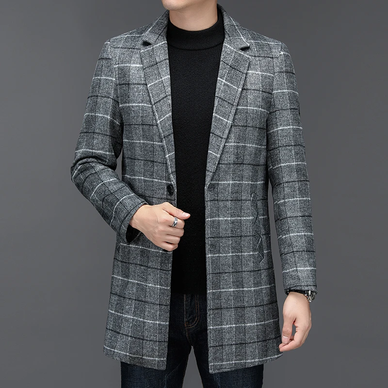 

Essential Plaid Wool Blend Coat for Men Checkered Patten Woolen Overcoat Winter Autumn Smart Casual Clothes Elegant Menswear