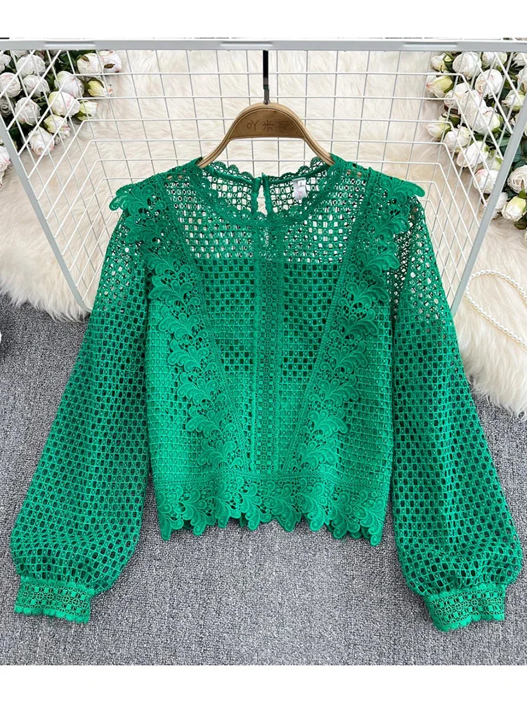 

Women Spring Autumn Blouse Vintage Round Neck Ruffle Long Sleeve Loose Hook Flower Cut Out Water-Soluble Lace Shirt D2062