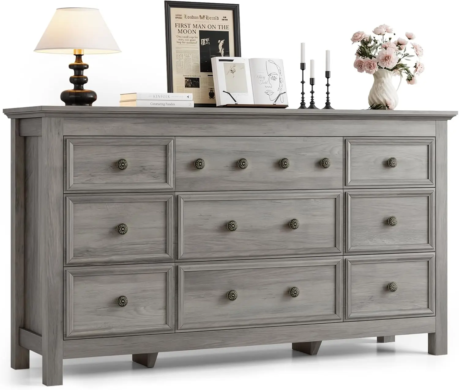 Grey Wood 9 Drawer Dresser for Bedroom, Hallway, Suitable as 70 inch TV Stand with Metal Handle