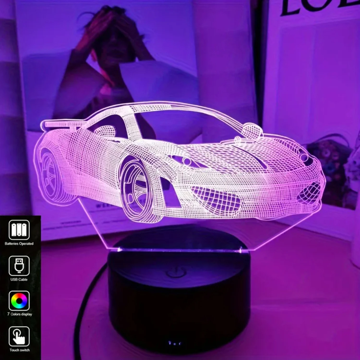 

New Stylish 3D Car Night Light Lamp with 7-Color Changing Ambient Light - Perfect 3D Optical Illusion for Bedroom Decor - One Pi