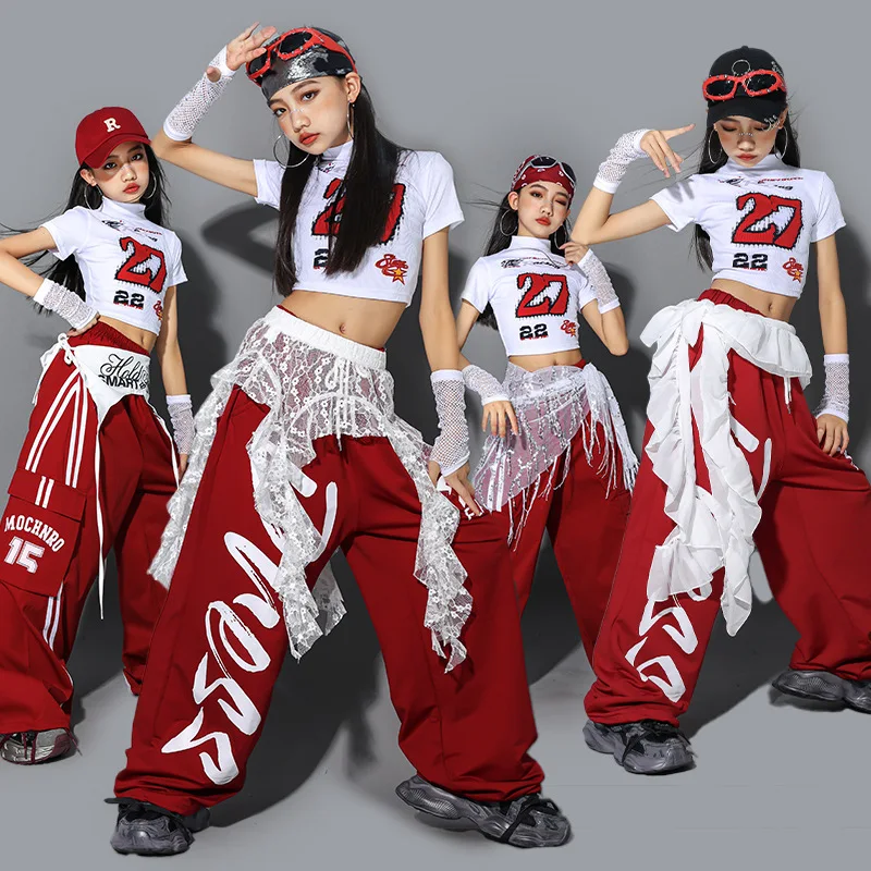 Red Jazz Dance Performance Suit for Girls Children's Street Dance Clothing Trendy Performance Outfit Ow Ensemble Set