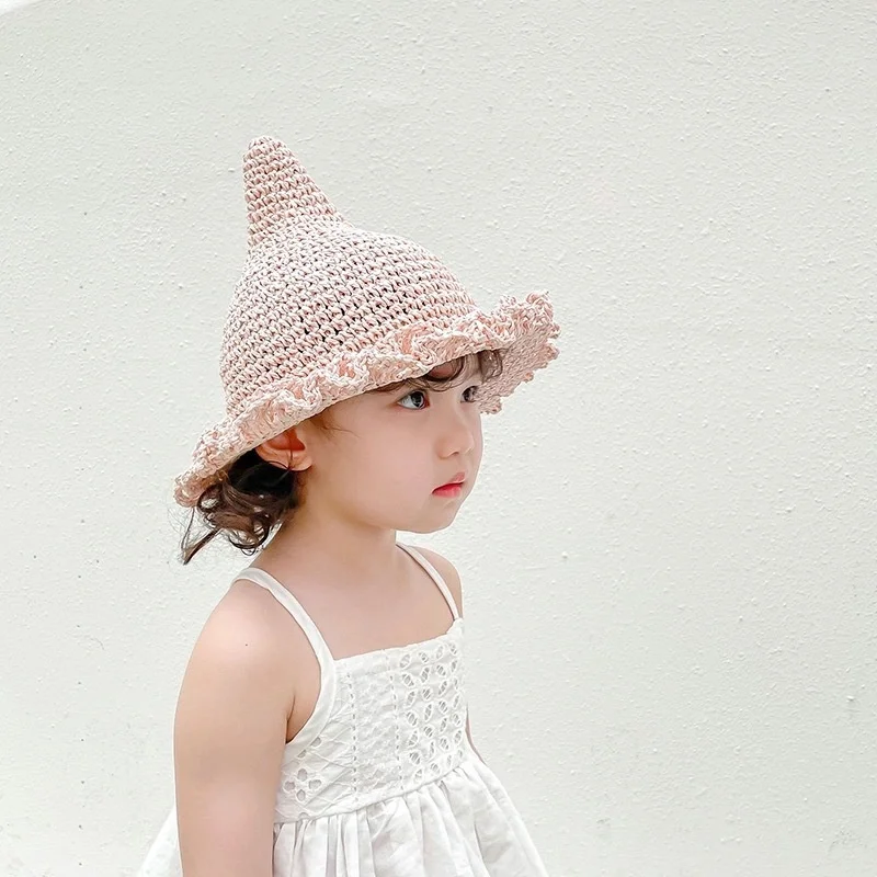2022 Fashion Cute Children Girl Princess Sunhats Point Top Outdoor Beach Holiday Summer Plaited Straw Magic Hat Cap for Kids