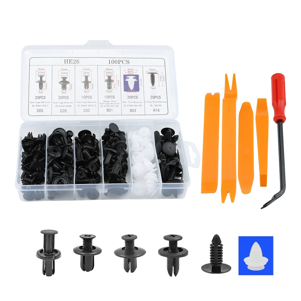 100PCS HE26 Car Rivet Fixing Hook Set Auto Fastener Clip Body Push Retainer Pin Rivet Bumper Door Trim Panel Retainer Car Clips