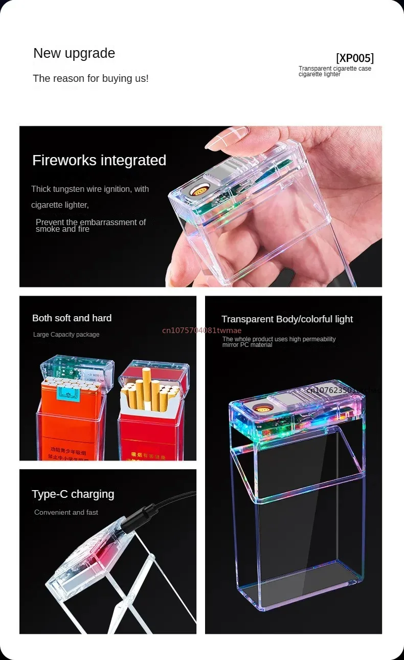Type-C Rechargeable Cigarette Case, Transparent Shell, Visible Flash, 20- Pack Lighter, Integrated Cigarette Case, Brand New - AliExpress 15