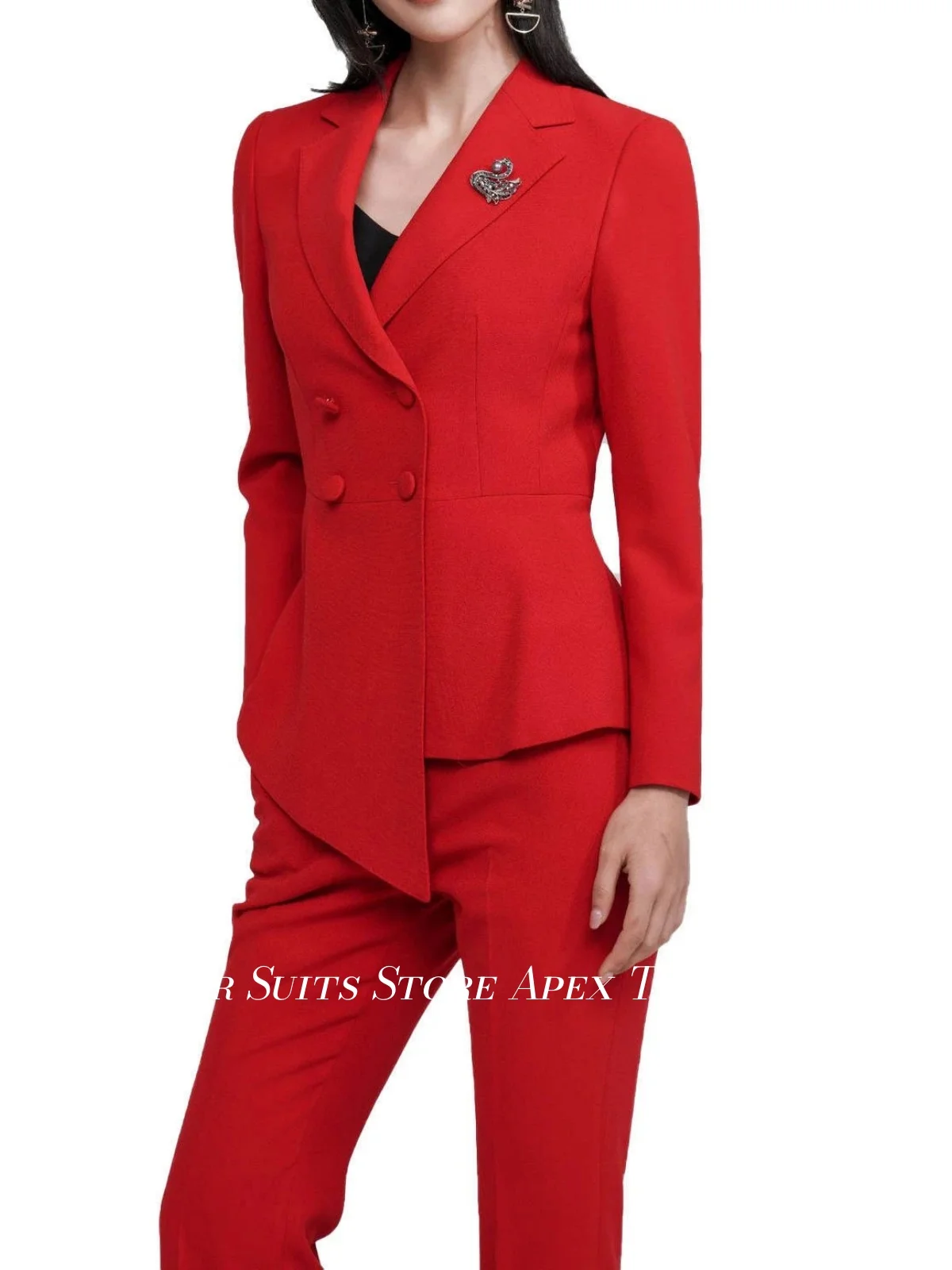 Red Women 2 Pieces Suit Double Breasted Blazer Straight Pants Asymmetric Hem Ladies Formal Office Host Wedding Trouser Suit