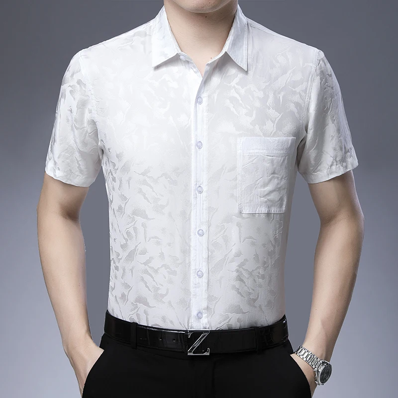 Coolness Breathable Pocket Shirts For Men Short Sleeve Jacquard Summer Quality Geniune Silk 100% Skin-Friendly Camisas De Hombre