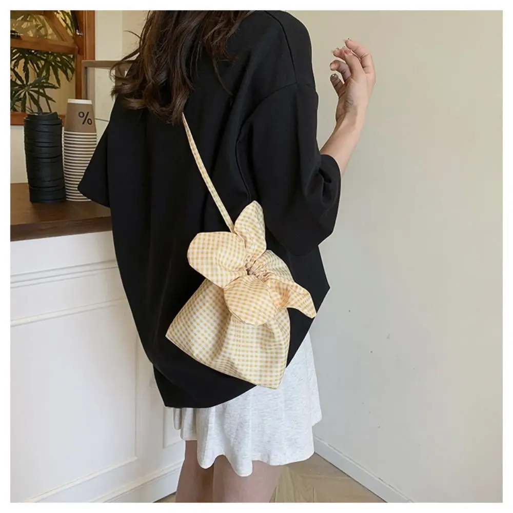 캐주얼 한국 스타일 격자 무늬 Drawstring 가방 인쇄 귀여운 작은 Crossbody 가방 대용량 저장 가방 꽃 핸드백 쇼핑
