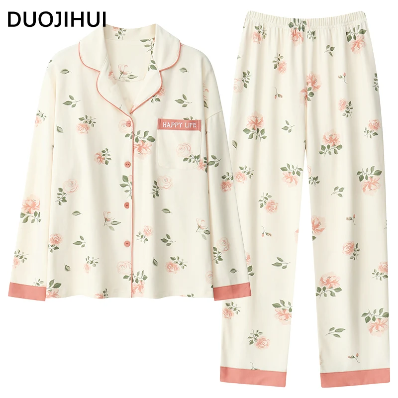 DUOJIHUI Fashion Pocket Chicly Bra Cardigan Female Pajamas Set Autumn Print Straight Casual Pant Simple Loose Pajamas for Women