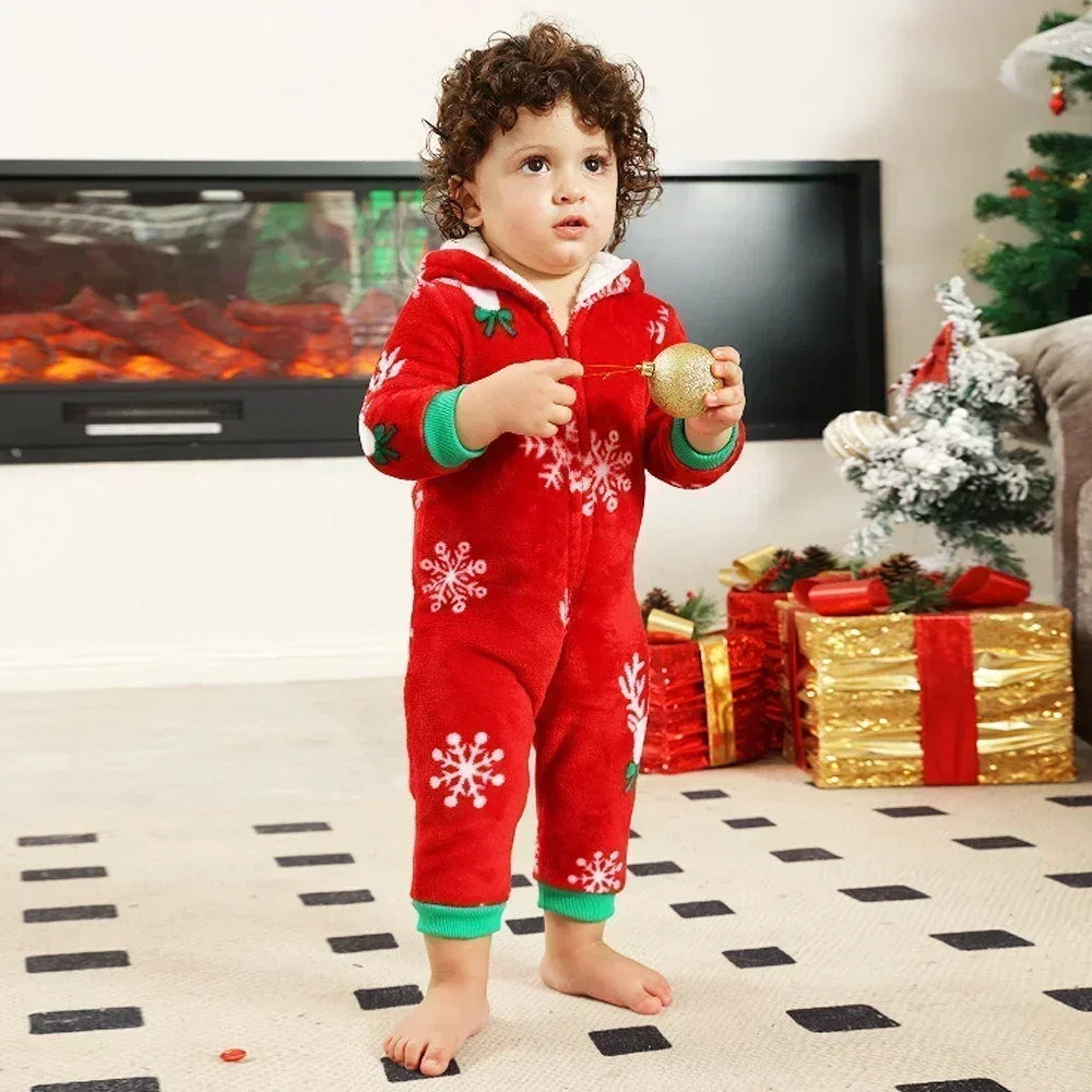 New Family Christmas Clothes Red Flannel Pajamas Warm Soft Jumpsuit Print Parent-child Matching Outfits Hooded Romper Xmas Look image 4