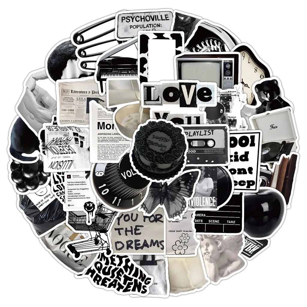 50 Pieces Assorted Black and White Silent Film Stickers - Cute Decorative Decals for Room Decor, Journals Papery Pop Store