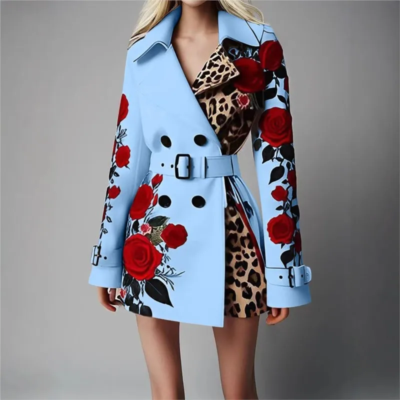 

Women Fashion Print Suit Coat Autumn Winter Lapel Double Breasted With Belt Coats Elegant Casual Office Lady Blazer Suits Jacket