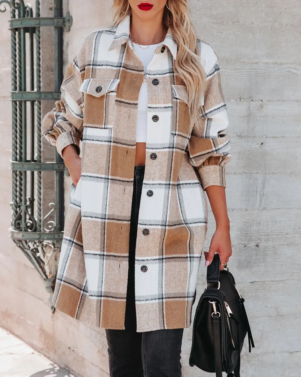 Women Autumn Winter Coat Jacket Plaid Color Turndown Collar Long Sleeve Button Casual Fashion Comfortable Regular Standard Fit