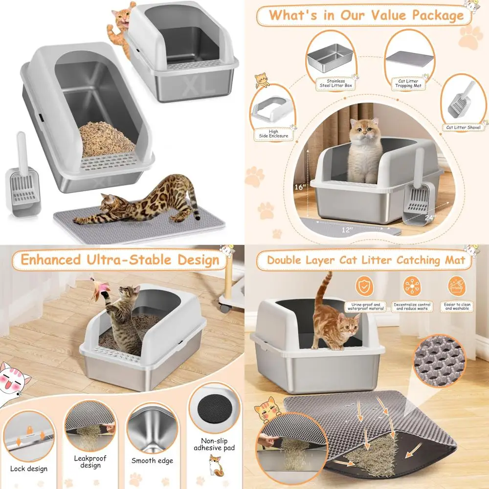 

Extra Large 24 XL Stainless Steel Litter Box with Lid for Multiple Cats - Anti-Leak Metal Cat Litter Box