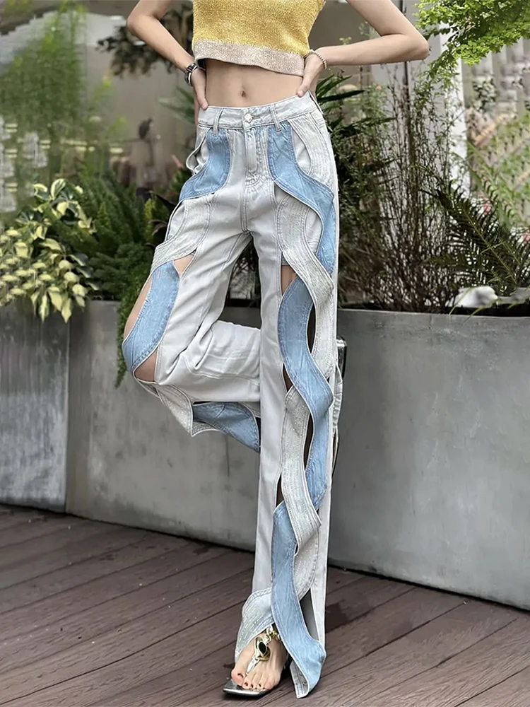 Chic Denim Pants Women Twists Contrast Color Hollow Out High Waist Straight Jeans Diamonds Patchwork Female Fashion Clothing