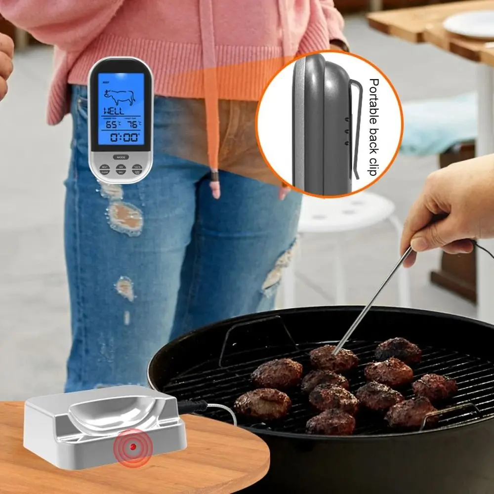 Silver Wireless Digital Meat Thermometer Remote Temperature Control with Probe BBQ Thermometer with Timer Alarm Food Thermometer