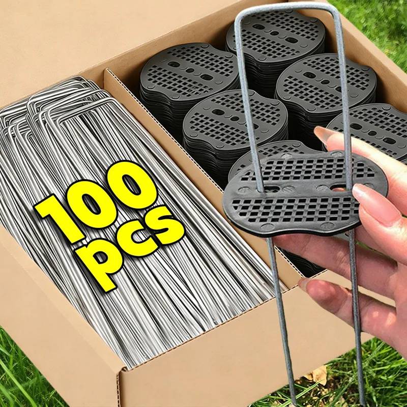 U-type Garden Staples with Pads Metal Fence Tubing Stakes Galvanized Landscape Spikes for Holding Lawns Barrier Ground Nails