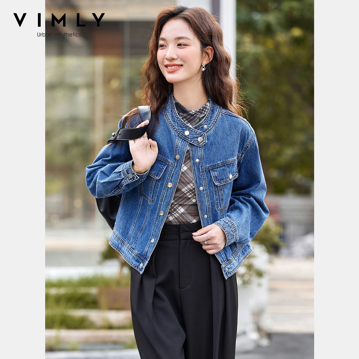 VIMLY Women's Denim Jacket Stand Neck Vintage Autumn 2025 Long Sleeve Button Pocket New in Coats & Jackets Ladies Clothing 75085