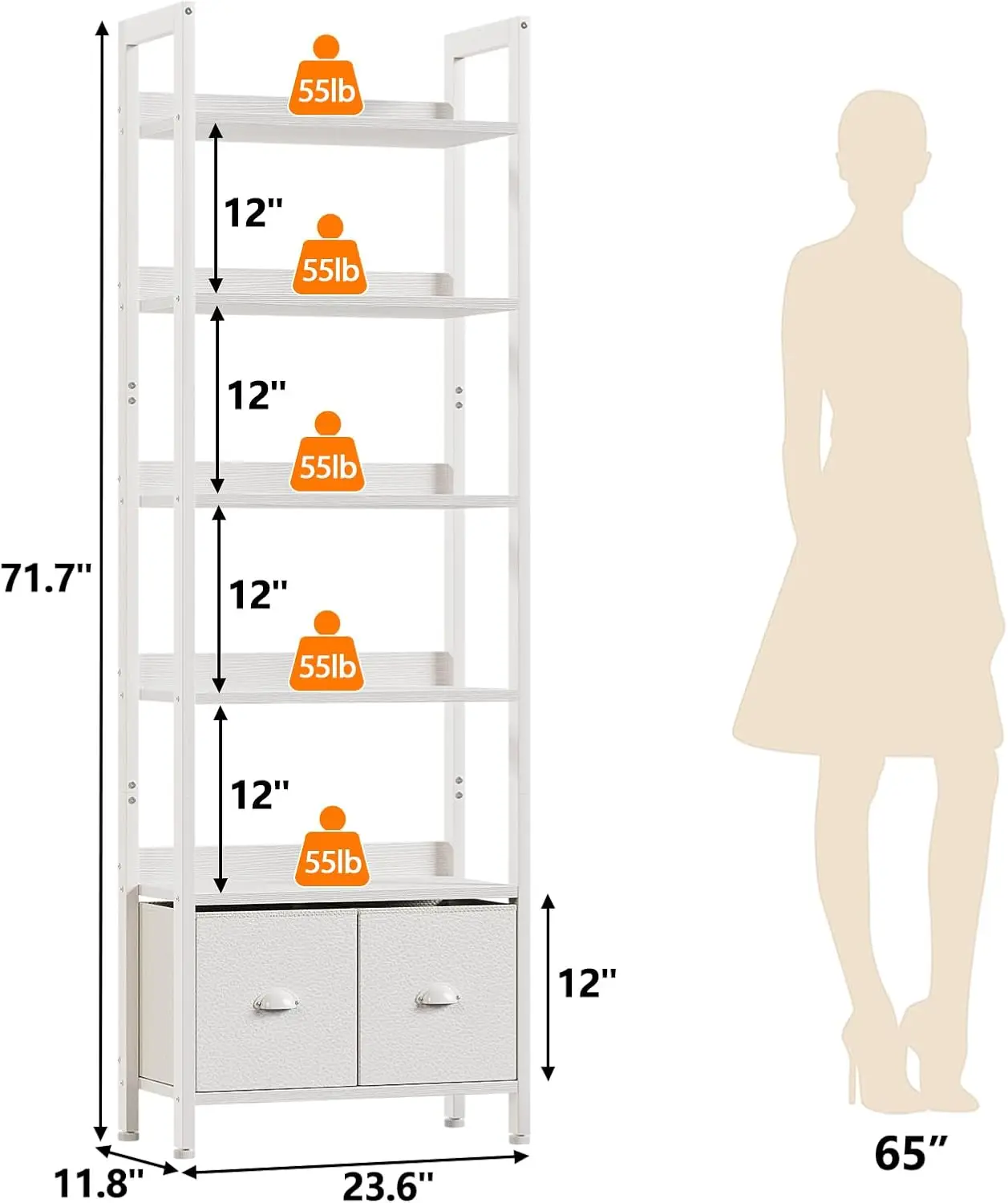 

Furologee White 6 Tier Bookshelf With Drawers, Tall 71"" Bookcase With Shelves, Modern Wood And Metal Bookshelves Storage