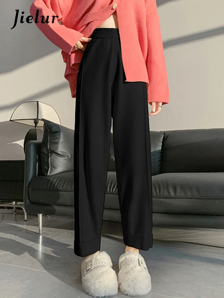 

Jielur Black Thick Knitted Loose Casual Female Harem Pants Elastic Waist Simple Fashion Office Ladies Solid Color Women Trousers