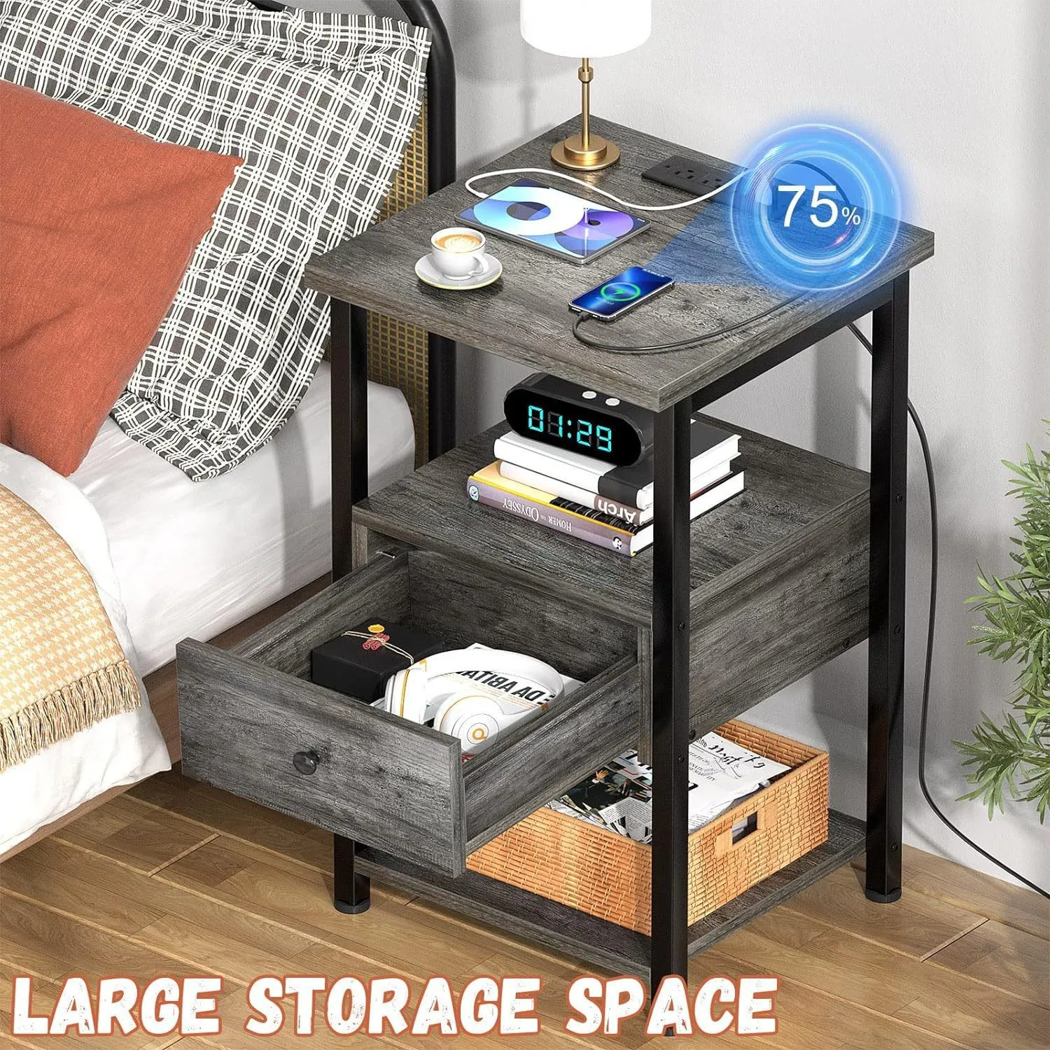 Bedside table with LED lamp Bedside table Multifunctional with socket USB Bedside drawer Cabinet