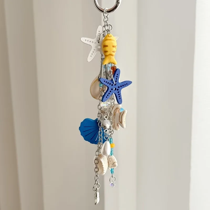 Starfish Keychain Ocean-Style Multi-Pendant Keychain Starfish Shell Fish-Shaped Bead Combination Creates a Versatile Atmosphere