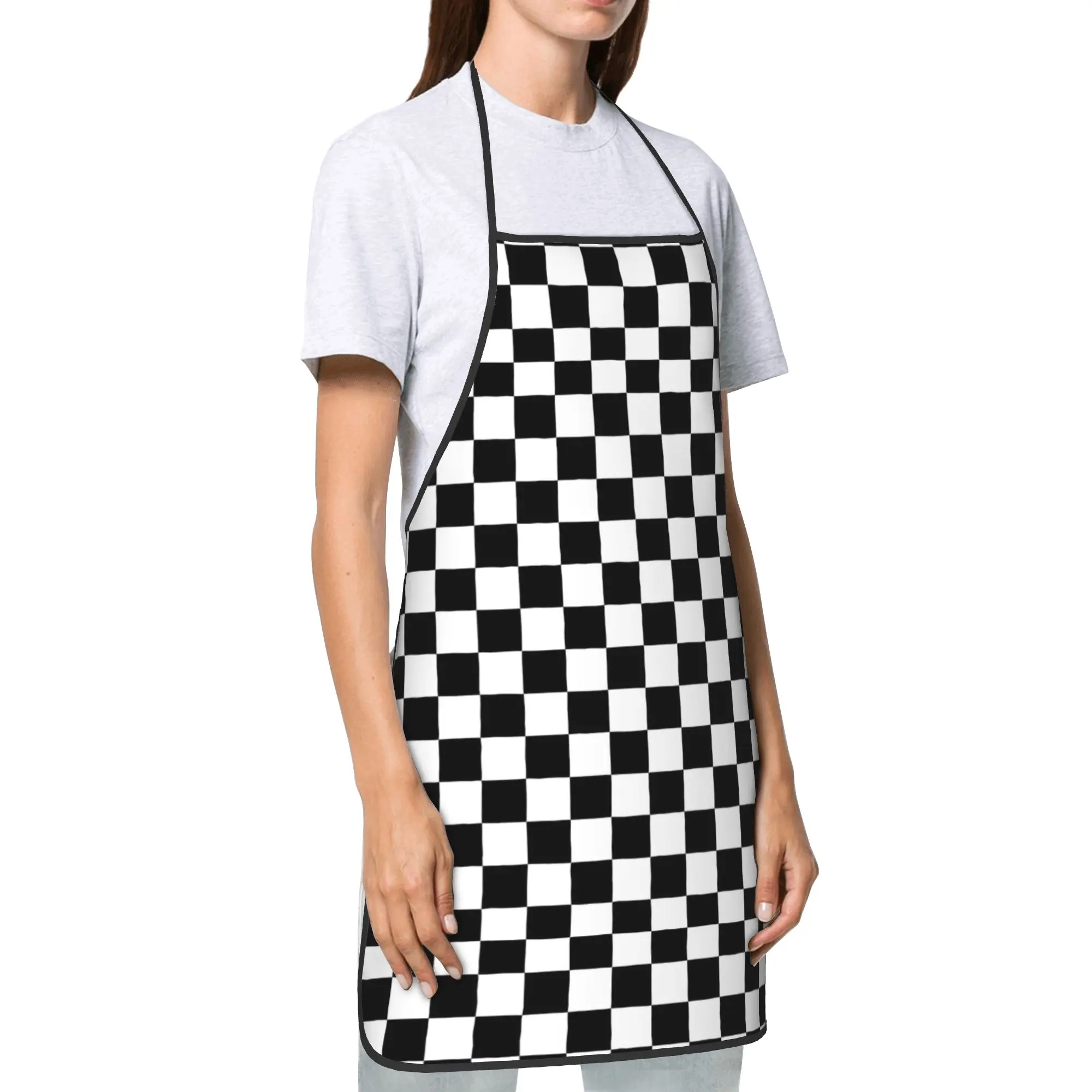 Black and white checkered Bib Aprons Oil-Proof Polyester square game optical Kitchen Pinafore for Women Men Adult Hairstylist