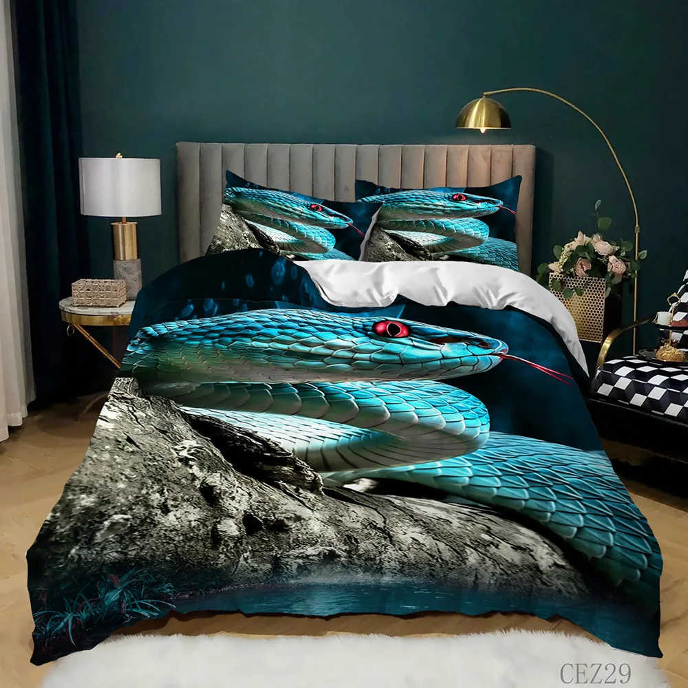 

3D Snake Duvet Cover Set King Size Horror Serpent Wild Animal Theme Bedding Set Polyester Scary Wildlife Style Comforter Cover