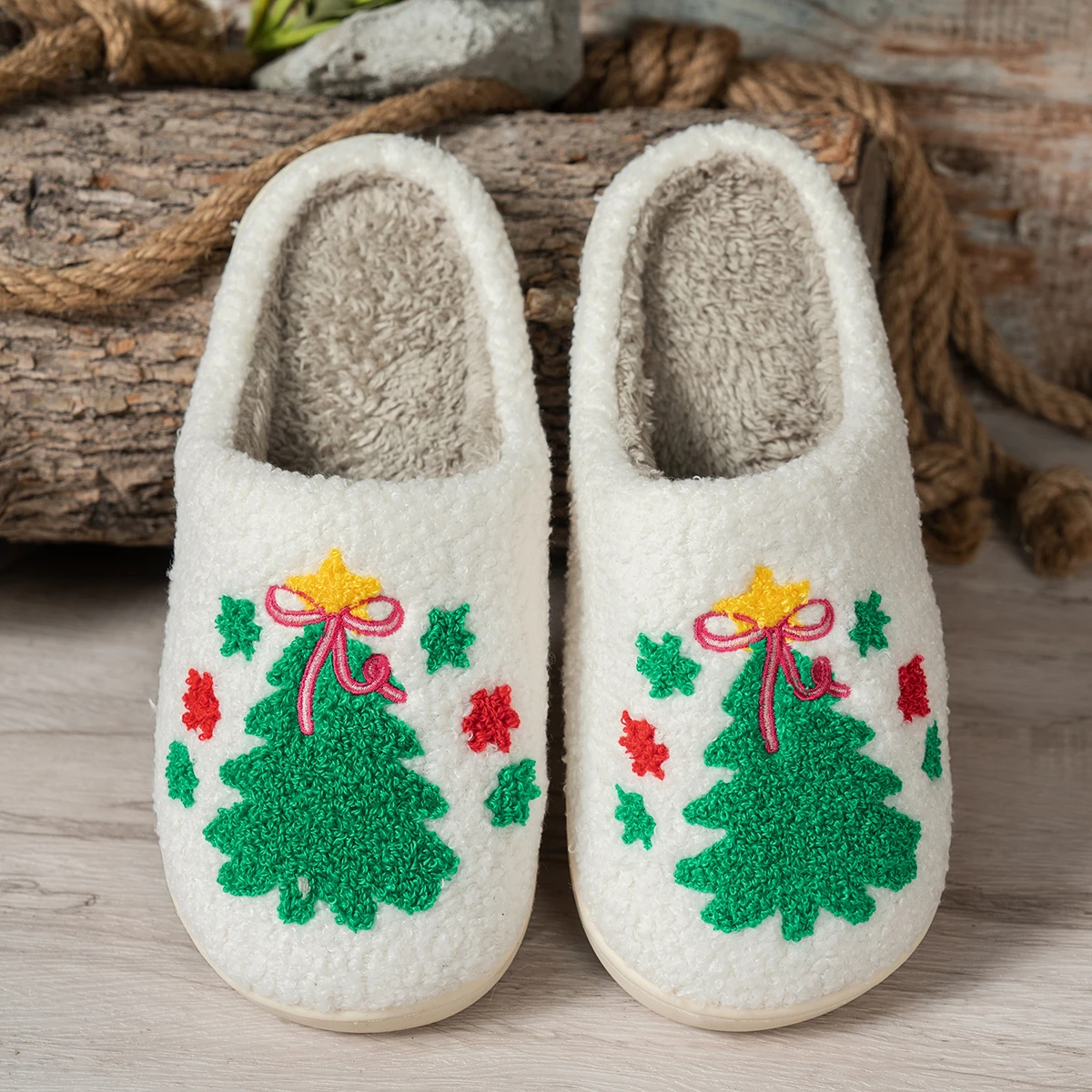 

Christmas Tree Embroidery Pattern Winter Bedroom Cute Women's Slippers Cartoon Indoor Soft Casual Warm Cosy Plush Home Shoes