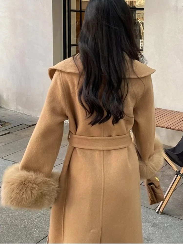 2025 Nuovo Grande Collare Reale Polsino di Pelliccia di Volpe Cappotto di Lana di Cachemire Elegante Giacca di Lana a doppia faccia Femminile Caldo Vestiti Invernali Delle Donne