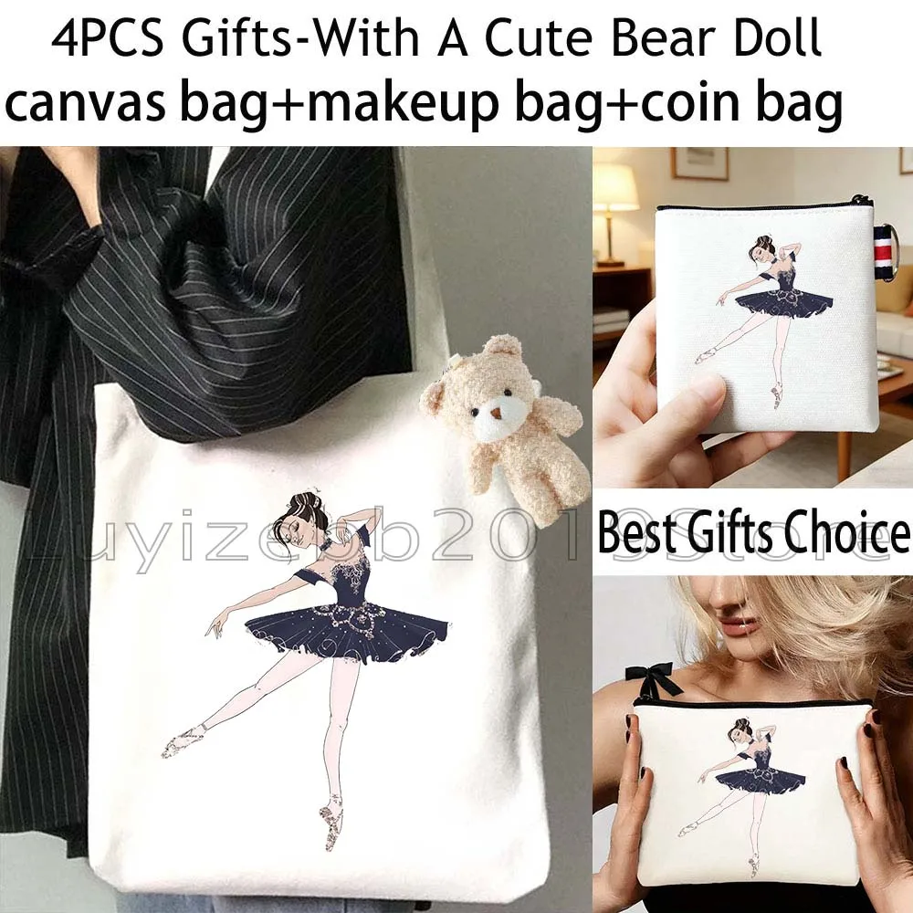 4PCS Minimalistic Ballerina Ballet Dance Dancer Gifts Canvas Tote Bag Handbag,Cosmetic Makeup Bag,Coin Purse Wallet Zipper Pouch