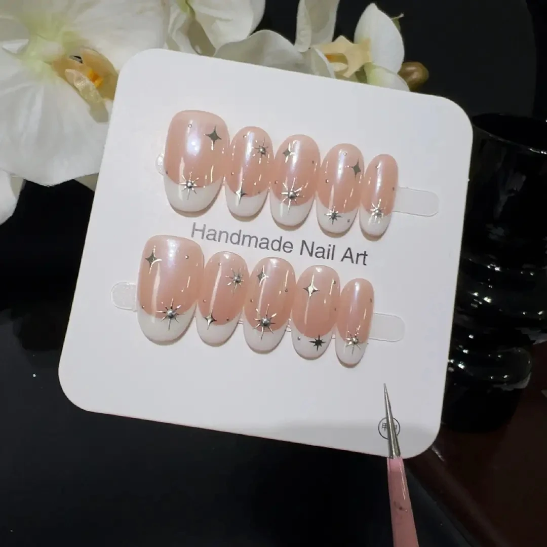

10 шт., высококачественные ногти Starlight с маленькими бриллиантами ручной работы с французскими кончиками, легкие роскошные ногти по розовой тематике
