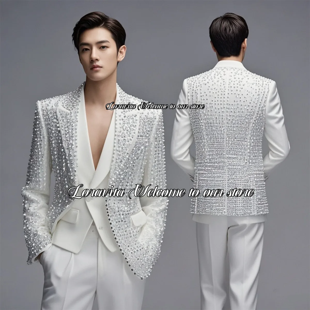 Luxurious Sparkling Crystal Decor Men Suit 3 Pieces Sets Lapel Groom Wedding Tuxedos Business Male Prom Blazers terno masculino