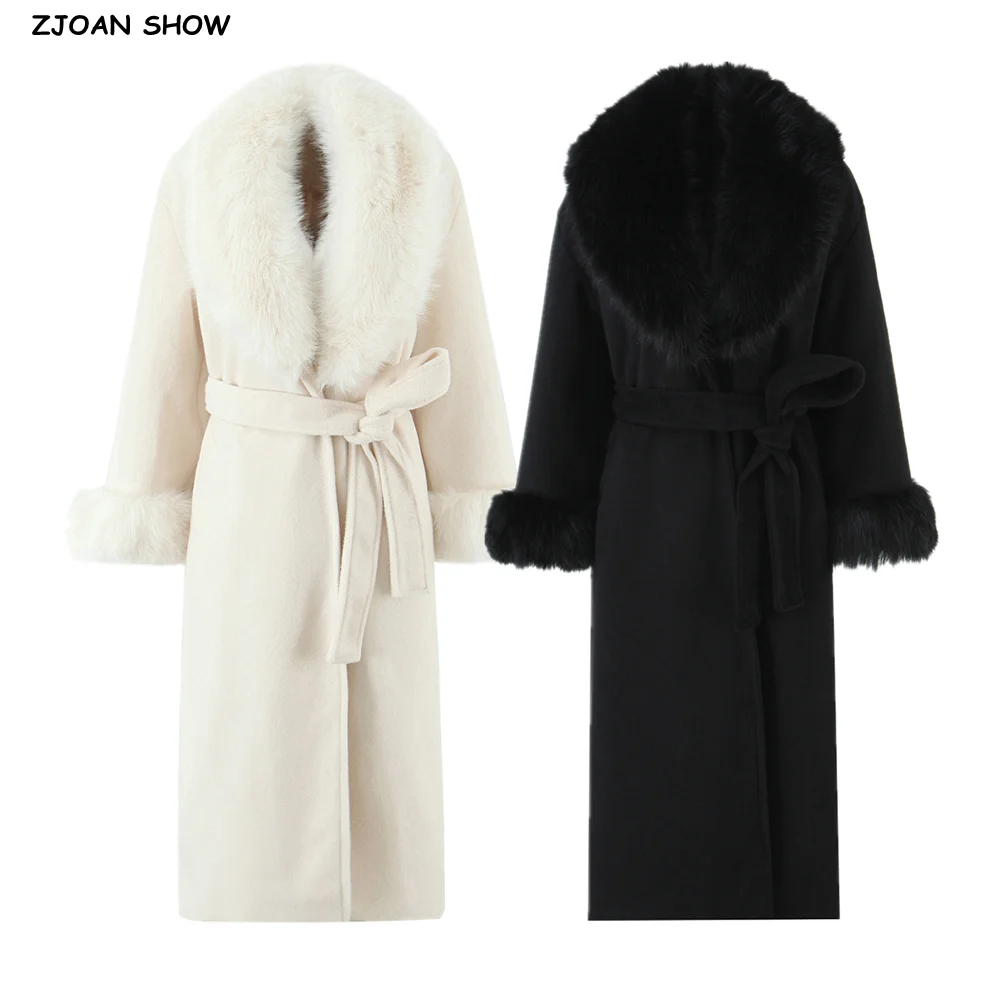 

New Autumn Winter Black Shaggy Faux Fur Lapel Collar Woolen Coat Women Bow Sashes Long Sleeve No Button Midi Trench Outerwear