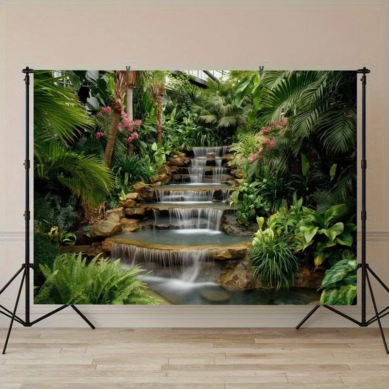 Waterfall Garden Tapestry Lush Tropical Plants Stone Steps Pond Serene Nature Scene Living Room Spa Wellness Center Wall Hanging