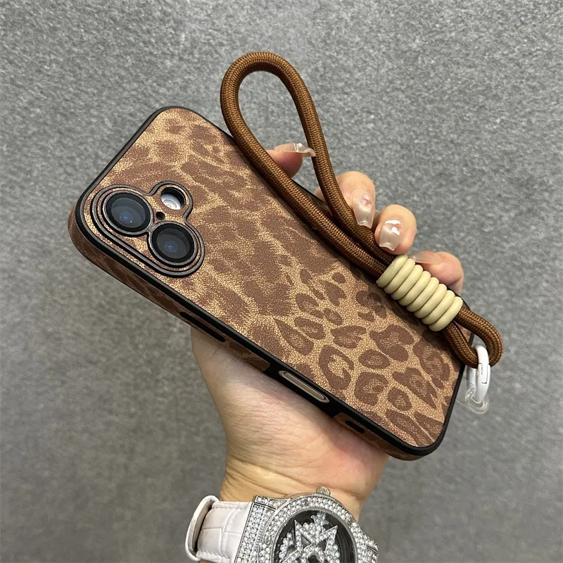 Cartoon Leopard Print Lanyard Leather Case for iPhone 16 15 Pro Max 14 Plus 13 11 12 Hand Wrist Strap Lens Protector Matte Cover