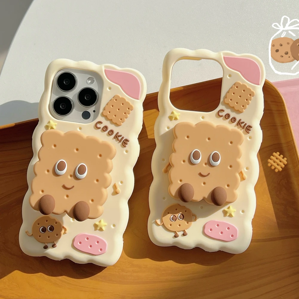 

Cookie Pattern, Telescopic Bracket For iPhone 12 13 14 15 16 Pro Max, 3D Cute Cartoon Soft Silicone Phone Case Back Cover Shell